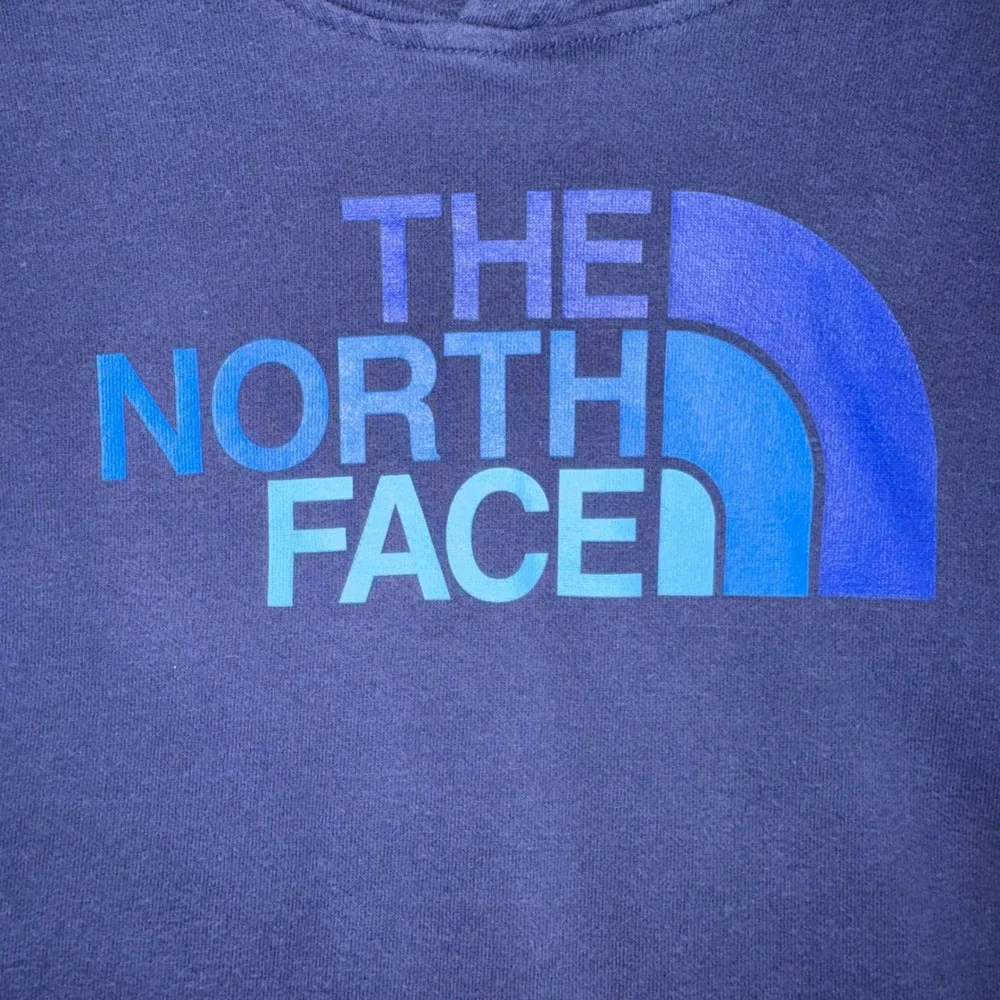 Boys Large The North Face Hoodie Navy Blue Good Graphic Logo Fleece Pullover